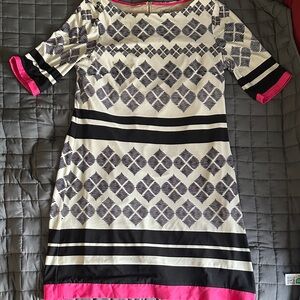 Eliza J Black & White Geometric Midi Dress with Pink Sleeve Trim